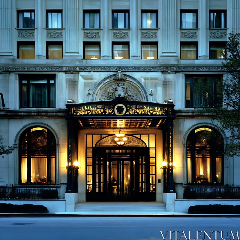 Opulent Hotel Facade Under Night Illumination AI Image