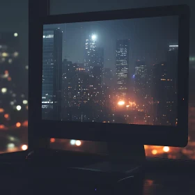 Urban Nightscape Viewed Through Monitor