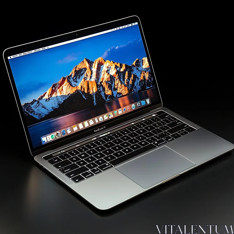 MacBook Pro with Vivid Mountainous Wallpaper AI Image