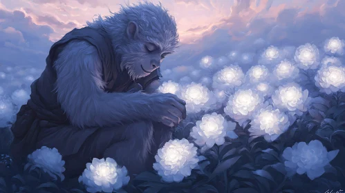 Serene Monkey Amongst Glowing Flowers