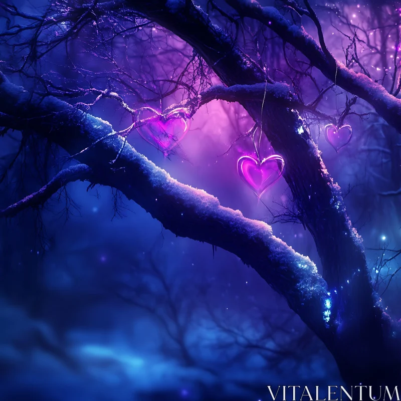 Heart Ornaments in Winter Night AI Image