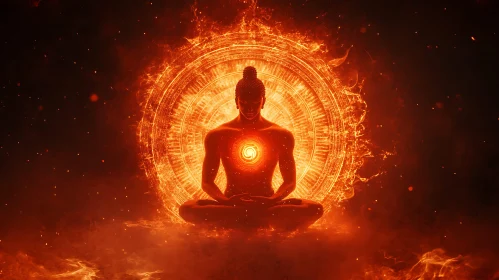 Silhouette in Meditation Surrounded by Fiery Aura