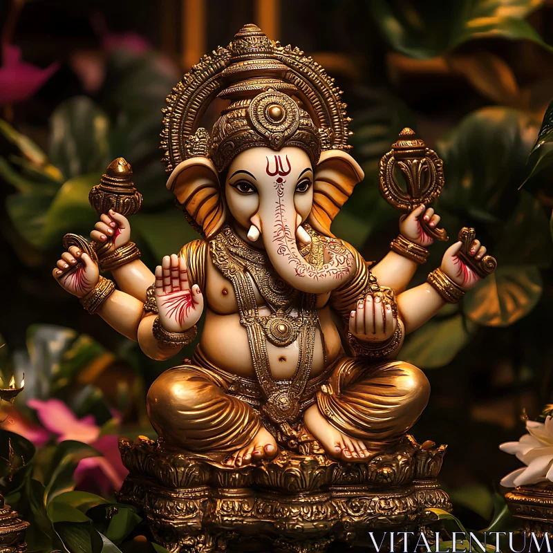 Golden Ganesha Amidst Verdant Foliage AI Image