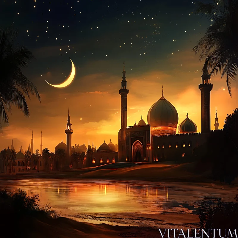 Tranquil Mosque Silhouette at Night AI Image