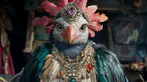 Ornate Bird with Jeweled Collar and Feathered Crown