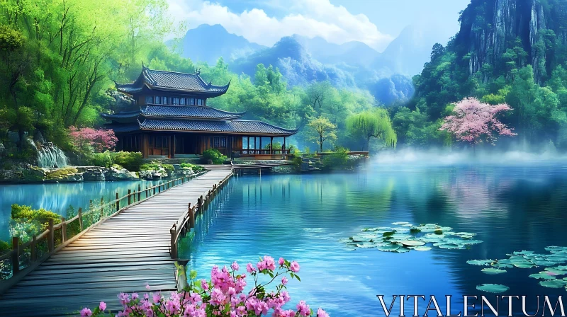 AI ART Tranquil Waterside Pagoda Landscape