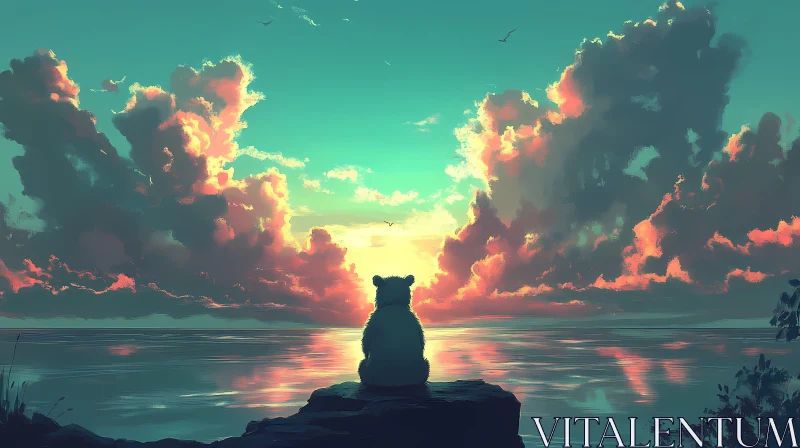 Contemplative Bear Watching Sunset AI Image