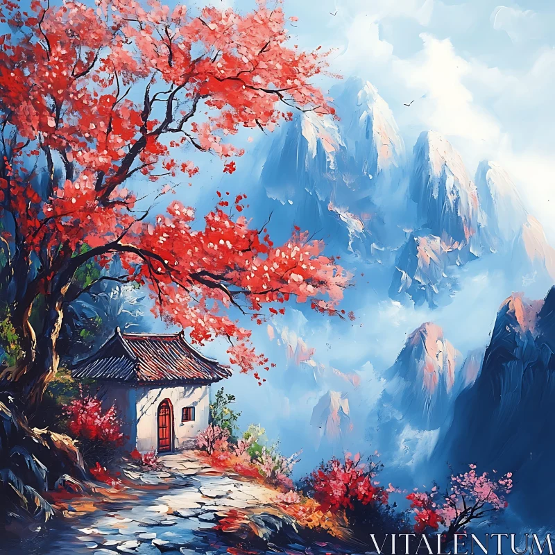 AI ART Asian Landscape with Blossoms and Mountains