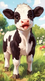 Joyful Cow in a Green Pasture