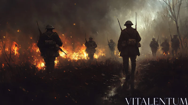 AI ART Soldiers Marching Through Fire: A War Scene