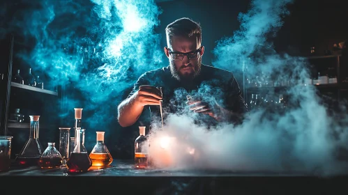 Scientist Mixing Chemicals in Smoky Lab