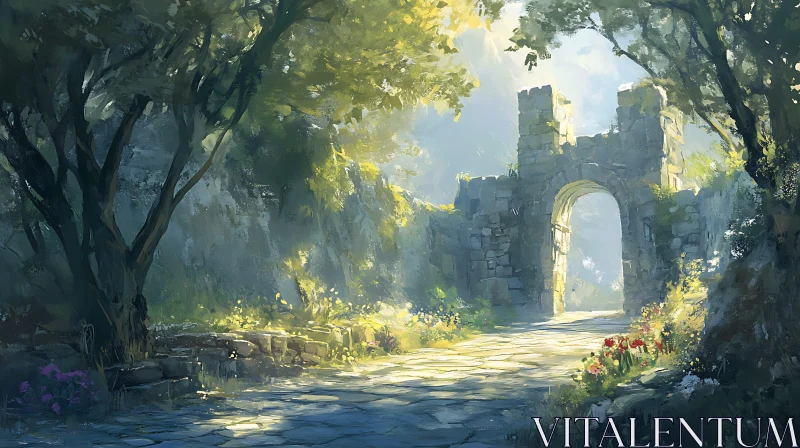 Forest Path Through Ancient Stone Gate AI Image