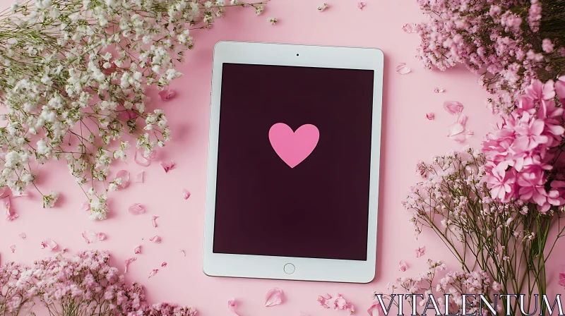 Tablet Surrounded by Flowers with Heart AI Image