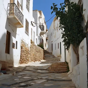 Sunlit Street with White Buildings and Steps