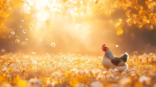 Chicken in Golden Autumn Field