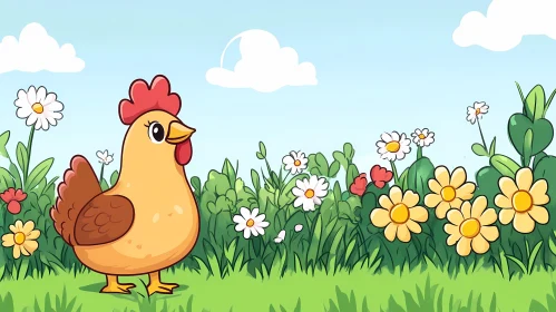 Cartoon Hen in a Flower Field