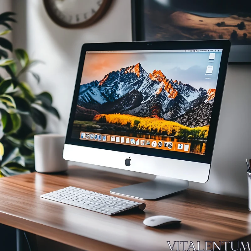 Modern Workspace with Apple iMac and Scenic Display AI Image