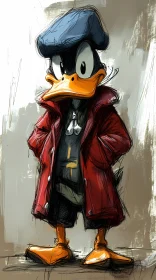 Duck Sketch with Red Coat and Blue Cap