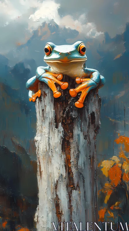 AI ART Frog Perched on Stump in Nature