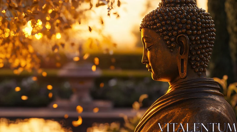 Bronze Buddha Meditating in Tranquil Garden AI Image