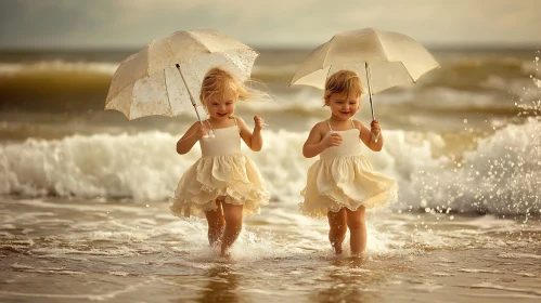 Girls with Umbrellas by the Sea