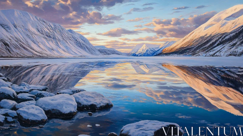 AI ART Snow-Covered Mountains Reflecting in a Sunset-Lit Lake