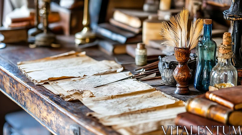 AI ART Antique Desk with Quill and Papers