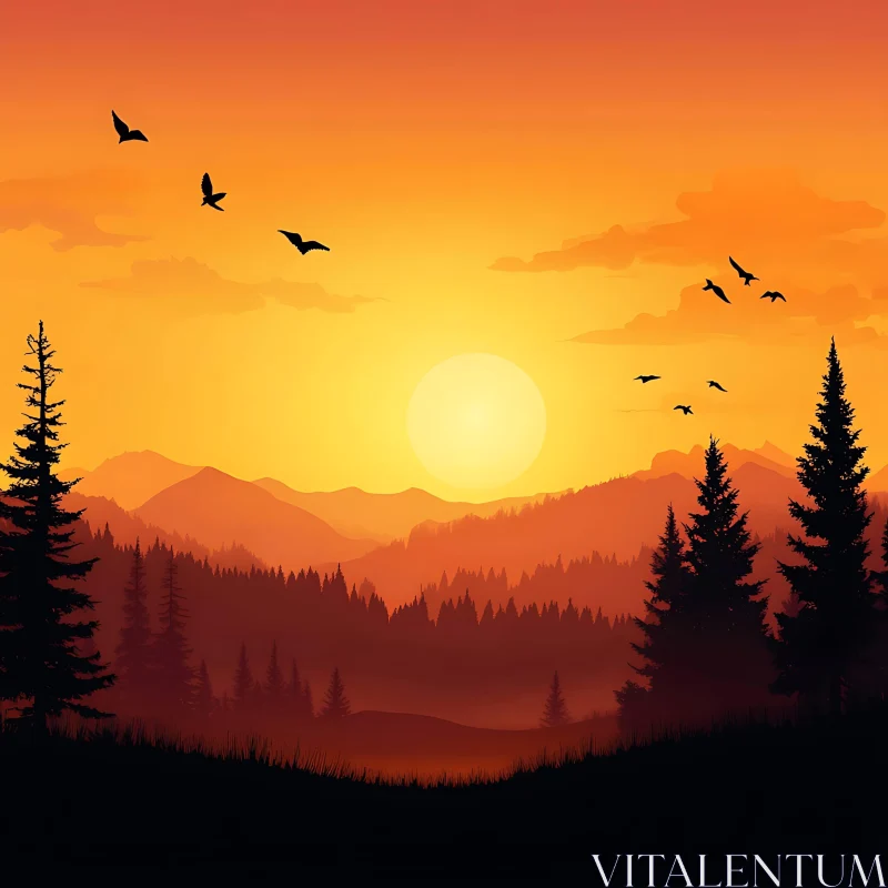 Peaceful Mountain Sunset with Birds AI Image