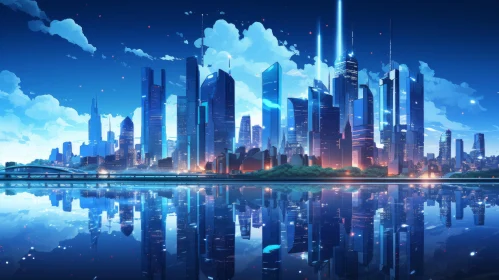 Anime Cityscape: A Luminous Night Over the Ocean