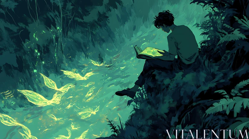 Glowing Book and Fairies in Forest AI Image