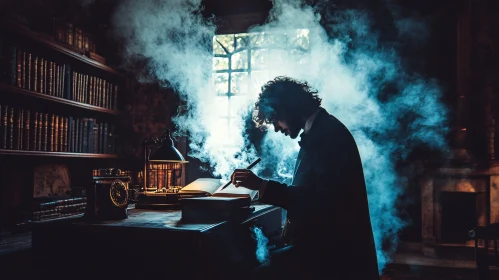 Man Writing Book in Atmospheric Library