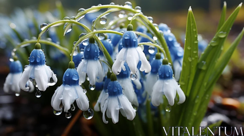 Blue and White Snowdrop Flowers with Water Droplets AI Image