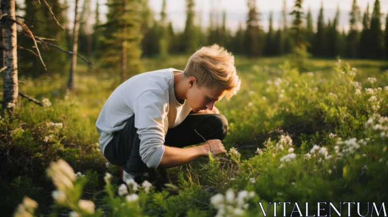 Captivating Image of a Boy Picking Flowers in the Norwegian Nature AI Image