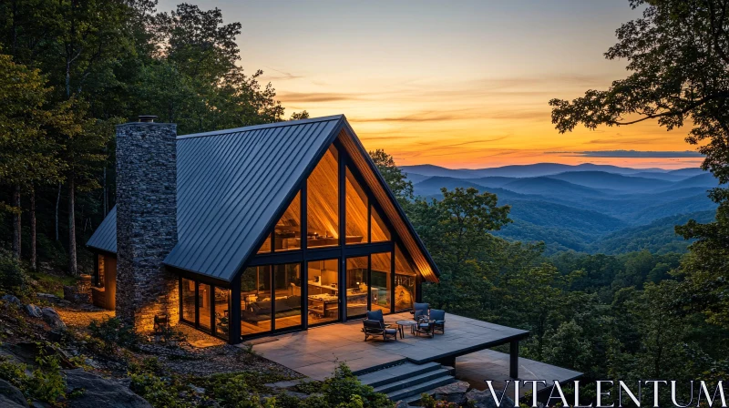 AI ART A-Frame Mountain Cabin at Sunset