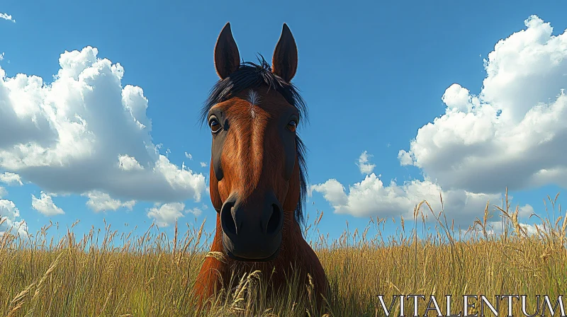 Horse Grazing Under Blue Sky AI Image