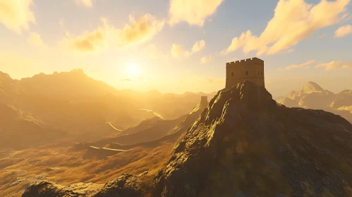 Ancient Tower on Mountain Peak at Sunset