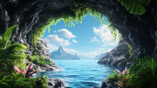 Tropical Cave Perspective with Ocean and Mountains