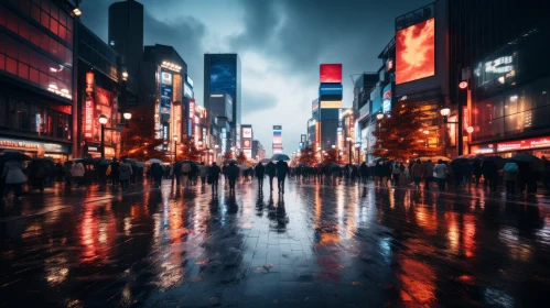 Neon-Lit Rainy Cityscape with Atmospheric Perspective