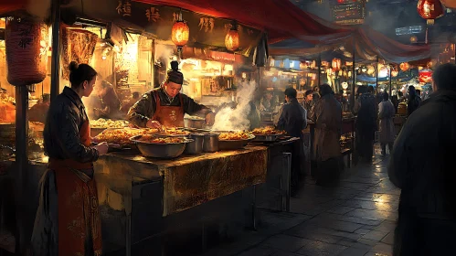 Vibrant Night Market Food Stalls