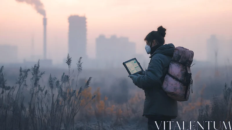 AI ART Masked Figure Analyzing Data in Polluted Environment