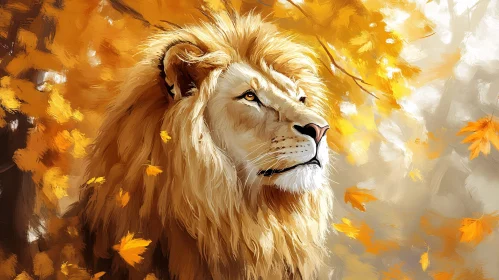 Regal Lion Amidst Autumn Foliage