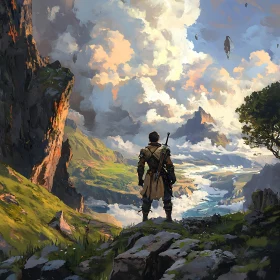 Lone Warrior Overlooking Mountain Valley