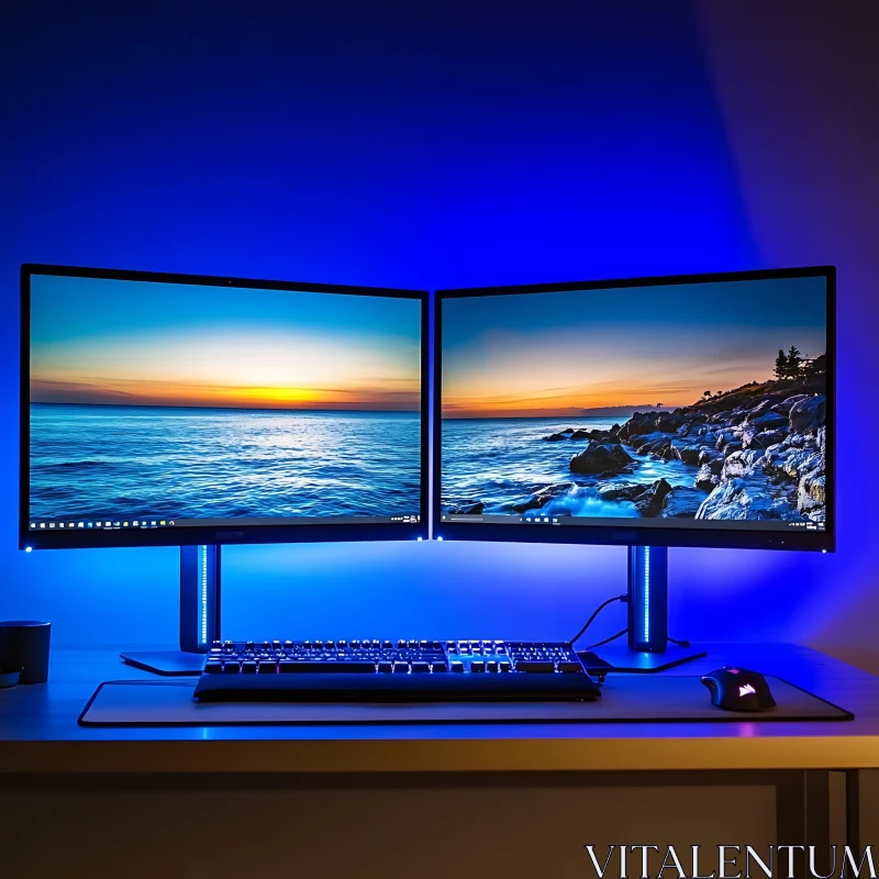 Modern Workspace with Dual Monitors and Blue Backlight AI Image