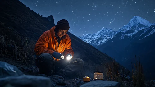 Man Camping in the Mountains at Night