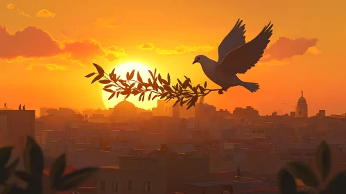 Peaceful Cityscape with Dove at Sunset