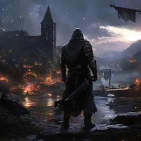 Hooded Warrior in War Torn City