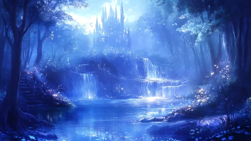 Blue Fantasy Landscape with Castle and Waterfalls