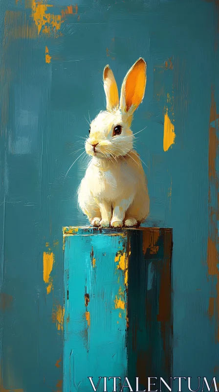 Vivid Bunny Painting on a Colorful Pedestal AI Image