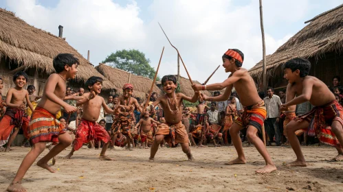 Children Playing Stick Game in Village