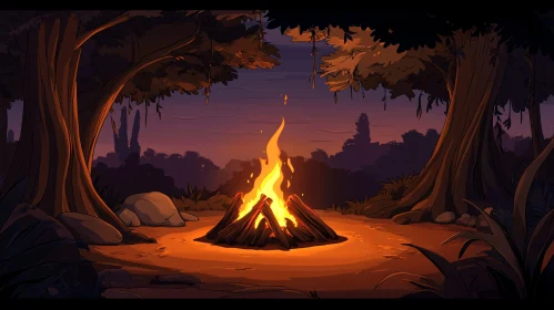 Twilight Campfire Scene in the Forest